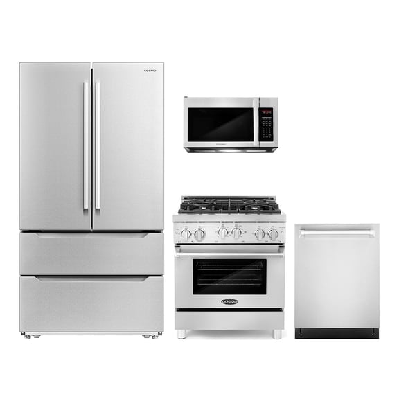 Cosmo 4 Piece Kitchen Appliance Package with 30" Over The Range Microwave 30" Freestanding Gas Range 24" Built-in Integrated Dishwasher & French Door Refrigerator Kitchen Appliance Bundles