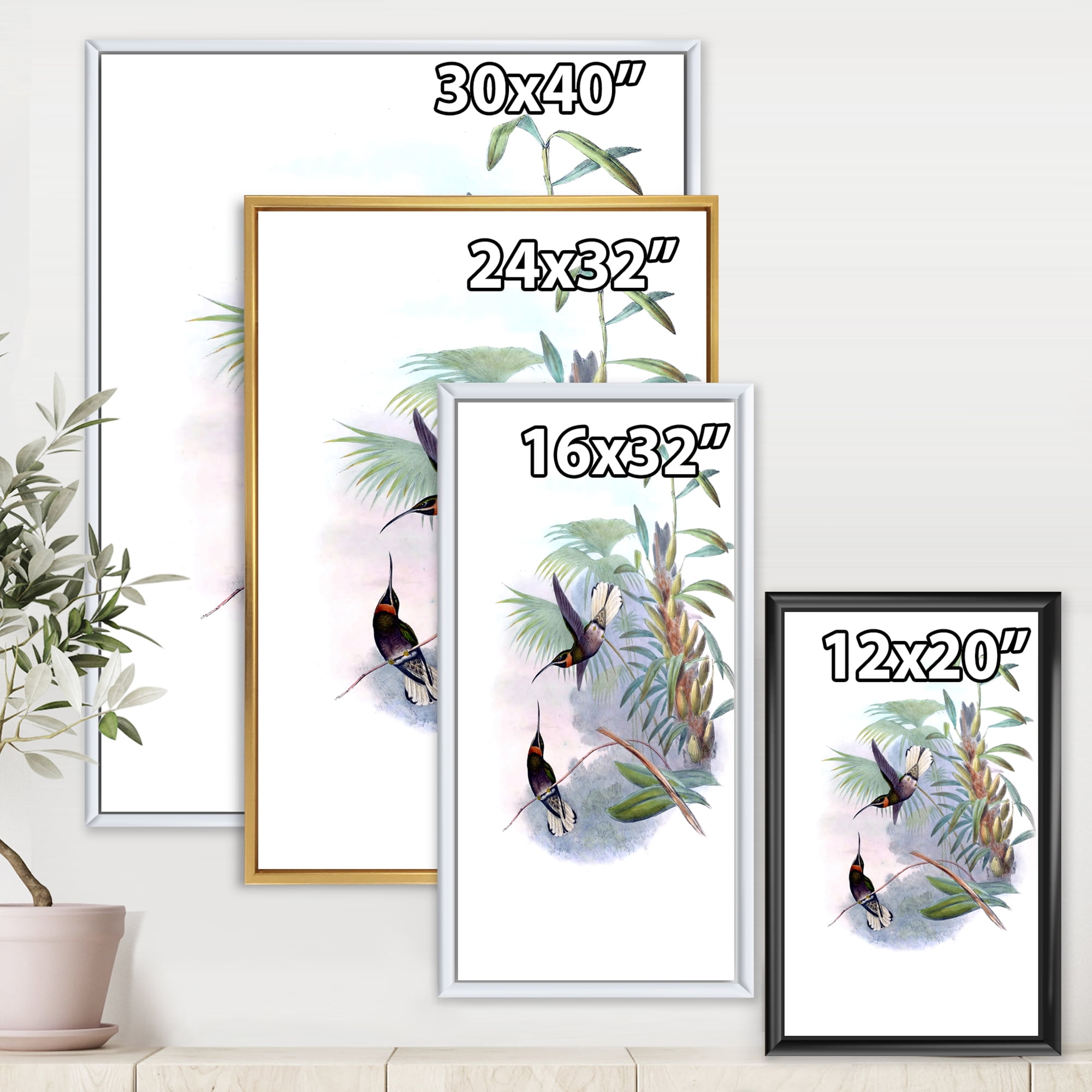 Designart 'Ancient Hummingbird On A Branch' Traditional Framed Canvas Wall Art Print