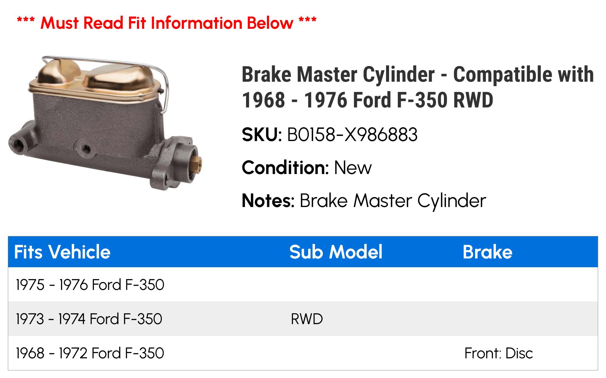 Brake Master Cylinder - Compatible with 1968 - 1976 Ford F-350 RWD 1969 1970 1971 1972 1973 1974 1975
