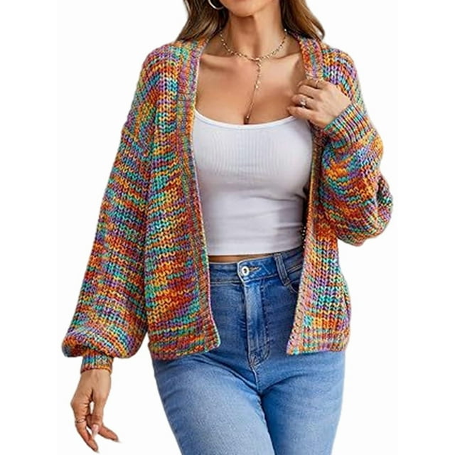 Women'S Color Block Open Front Long Sleeve Ribbed Knit Cropped Cardigan Sweaters Deep Color L