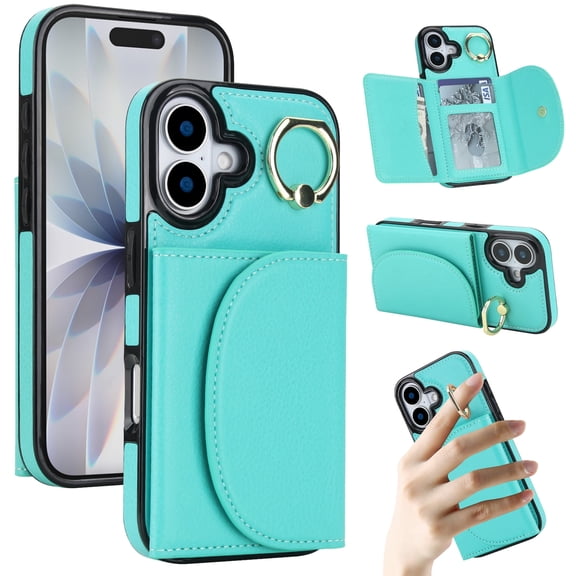 Kryonix for iPhone 17 Case Wallet, 360 ° Rotation Ring Kickstand, RFID Blocking Card Slots Holder, Magnetic Clasp Flip PU Leather Fashion Shockproof Cover