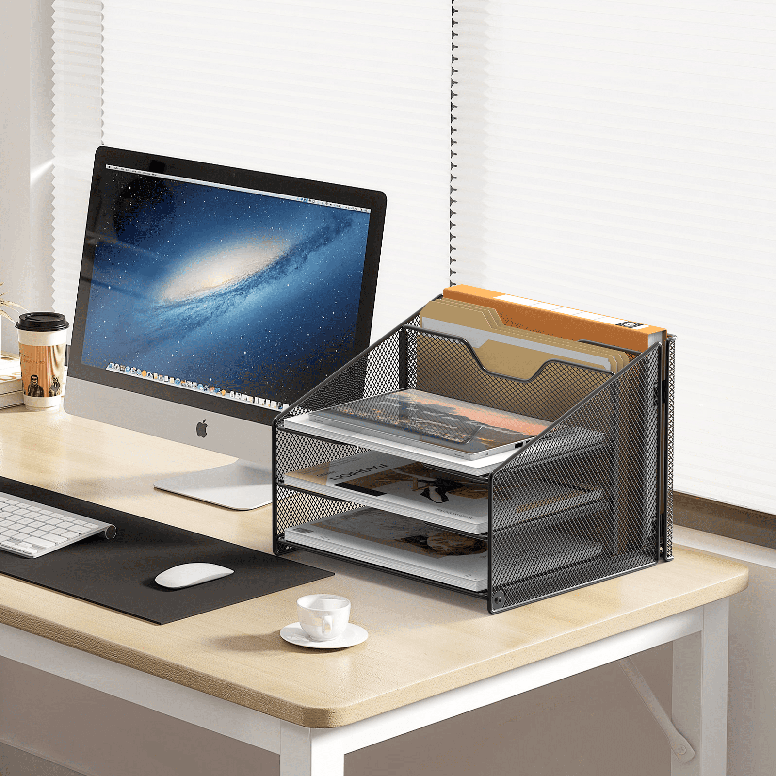 Samstar Desk File Organizer, Mesh Letter File Folder Holder with 3 Paper Trays and 2 Vertical Upright Section, Black.
