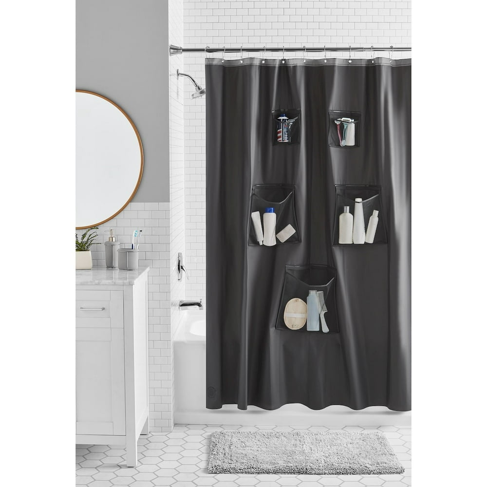 Better Homes & Gardens PEVA 5 Pocket Shower Curtain Liner, Grey, 72" x