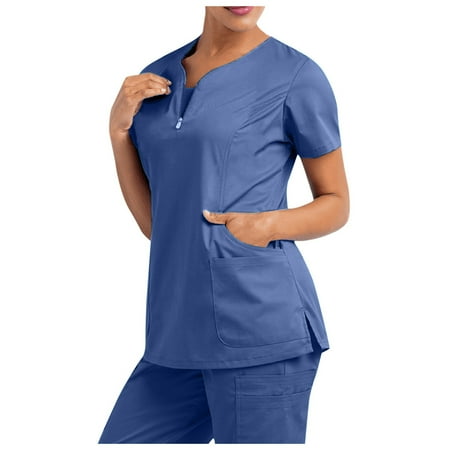 

Frostluinai Savings Clearance Women s Plus Size Working Uniform with Four Pocket Zipper V-Neck Scrub Top Solid Color Short Sleeve Shirt