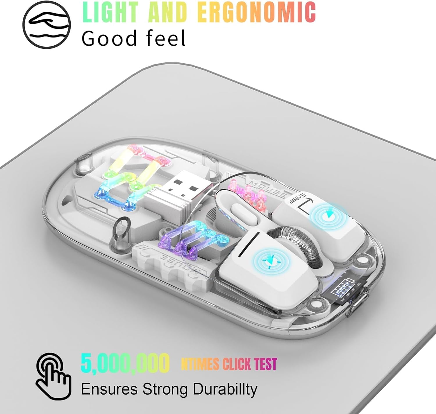 Wireless Bluetooth Gaming Mouse, Transparent Dual-Mode BT 5.0 + 2.4G RGB Mouse, Magnetic Top Cover Rechargeable Silent Mouse for PC Laptop Tablet