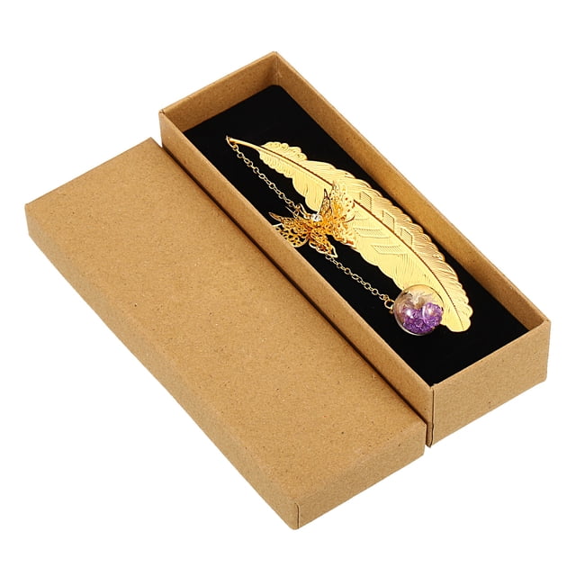Marcadores de libro de plumas de metal Uxcell, marcapáginas de mariposa, embalaje de caja de regalo en dorado, púrpura y blanco