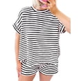 thumbnail image 2 of 2 Piece Sets for Women Summer Outfits Cute Stripe Knit T Shirts Shorts Matching Lounge Set Black XXL, 2 of 7
