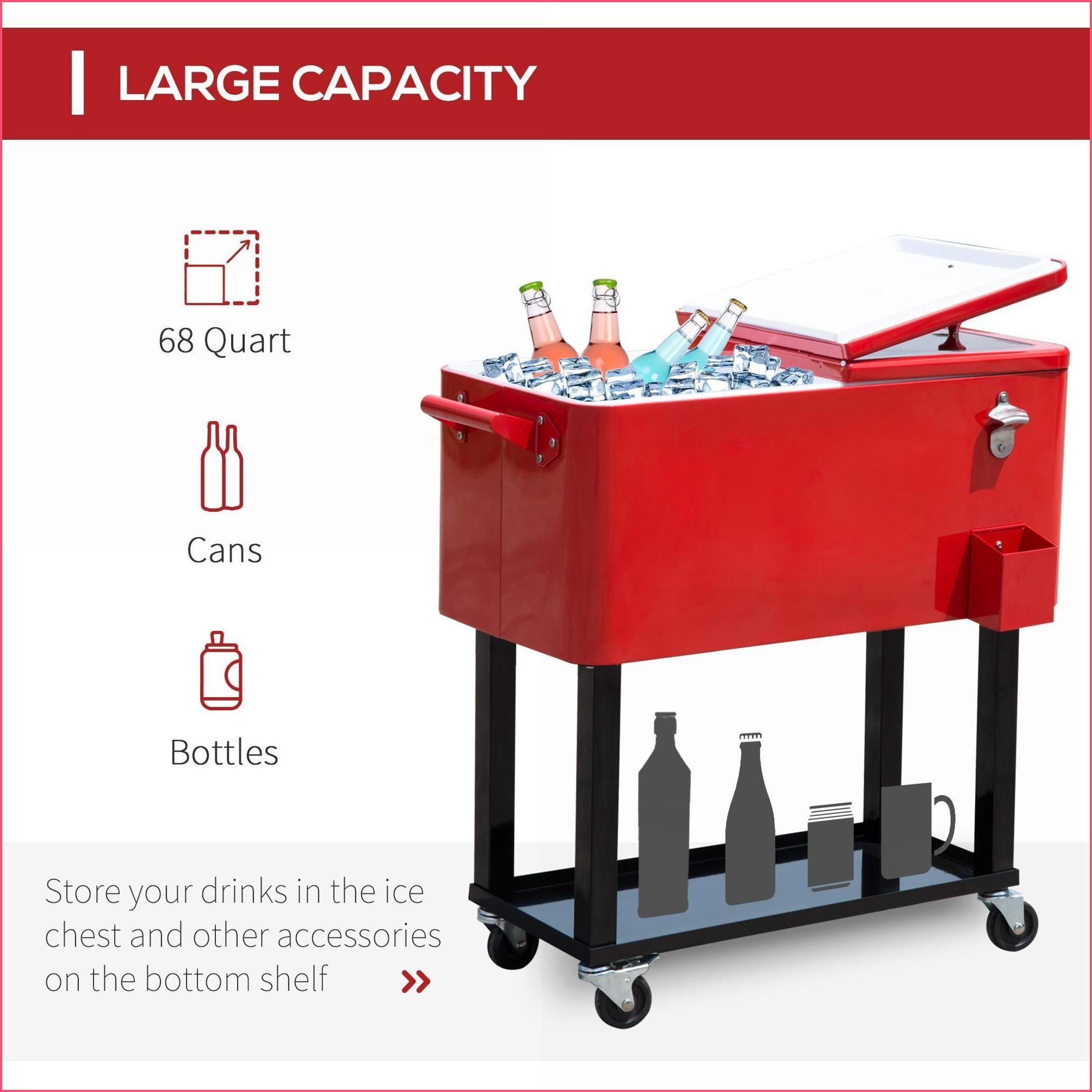 Rolling Ice Chest on Wheels | 80 Quart Cooling Bin, Built-in Bottle Opener, for Outdoor Backyard Pool Patio | Burgundy Red