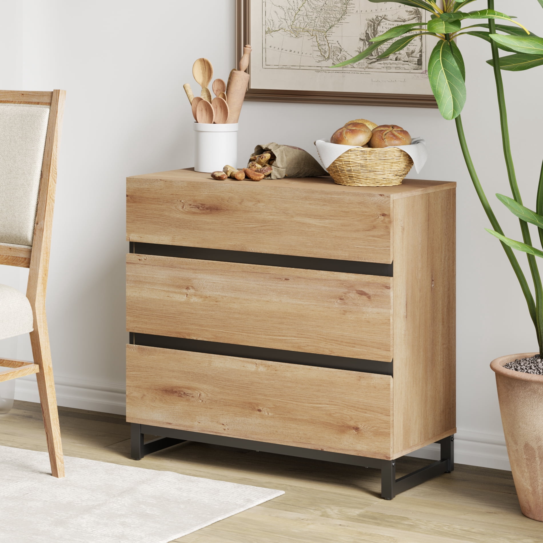 WAMPAT Dresser for Bedroom, Closet Organizers and Storage with 3 Drawers, Chest of Drawers with Metal Base, Modern Wood Dresser for Living Room, Bedroom,Oak