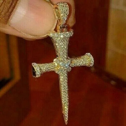 3.10Ct Round Lab-Created Diamond Cross neckless Pendant 14K Yellow Gold Plated