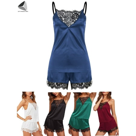 PULLIMORE Women Pajama Sets Sexy Lingerie Lace Sleepwear Cami Shorts Set V Neck Nightwear (M  Blue)