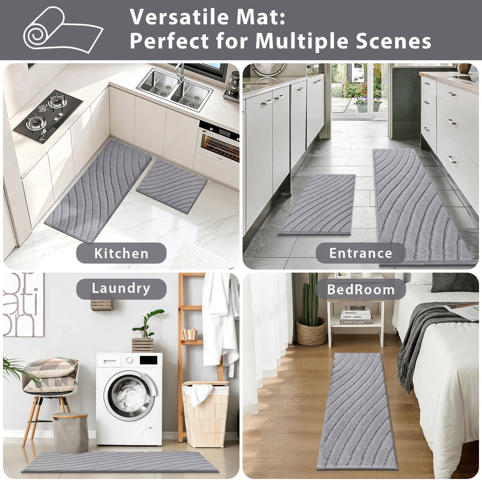 Findosom 3pcs Bathroom Rugs Set with U-Shaped Mat,Non Slip Machine Washable Wave Bath Mat,Ultra Soft Plush Shower Rugs for Bathroom,Tub,Shower20"x32"+20"x59"+U 20"x24"Gray