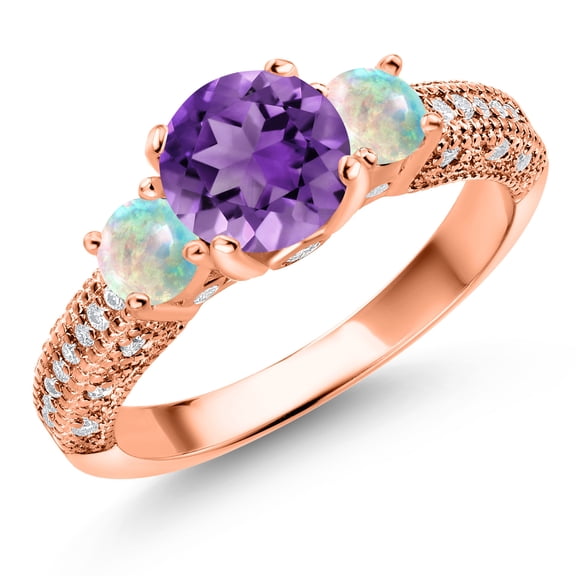 Gem Stone King 18K Rose Gold Plated Silver Purple Amethyst White Opal and White Moissanite Engagement Ring for Women (1.78 Cttw, Gemstone February Birthstone, Round 7MM and 4MM, Size 8)