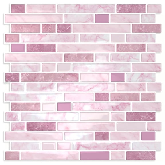 DEWOO Thick Kitchen Peel and Stick Tile Backsplash, Stick on Wall Tiles, 12"x12" Self Adhesive Sticky 3D Wall Marble Tiles Bathroom (10-Sheet,Pink)