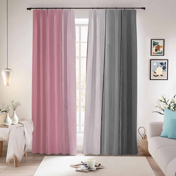 Pink Gray Ombre Blackout Curtains for Bedroom/Living Room, Pinch Pleated Black Out Curtains, Vintage Country Wooden Room Darkening Window Drapes with Hooks 2 Panels, 39"x70"