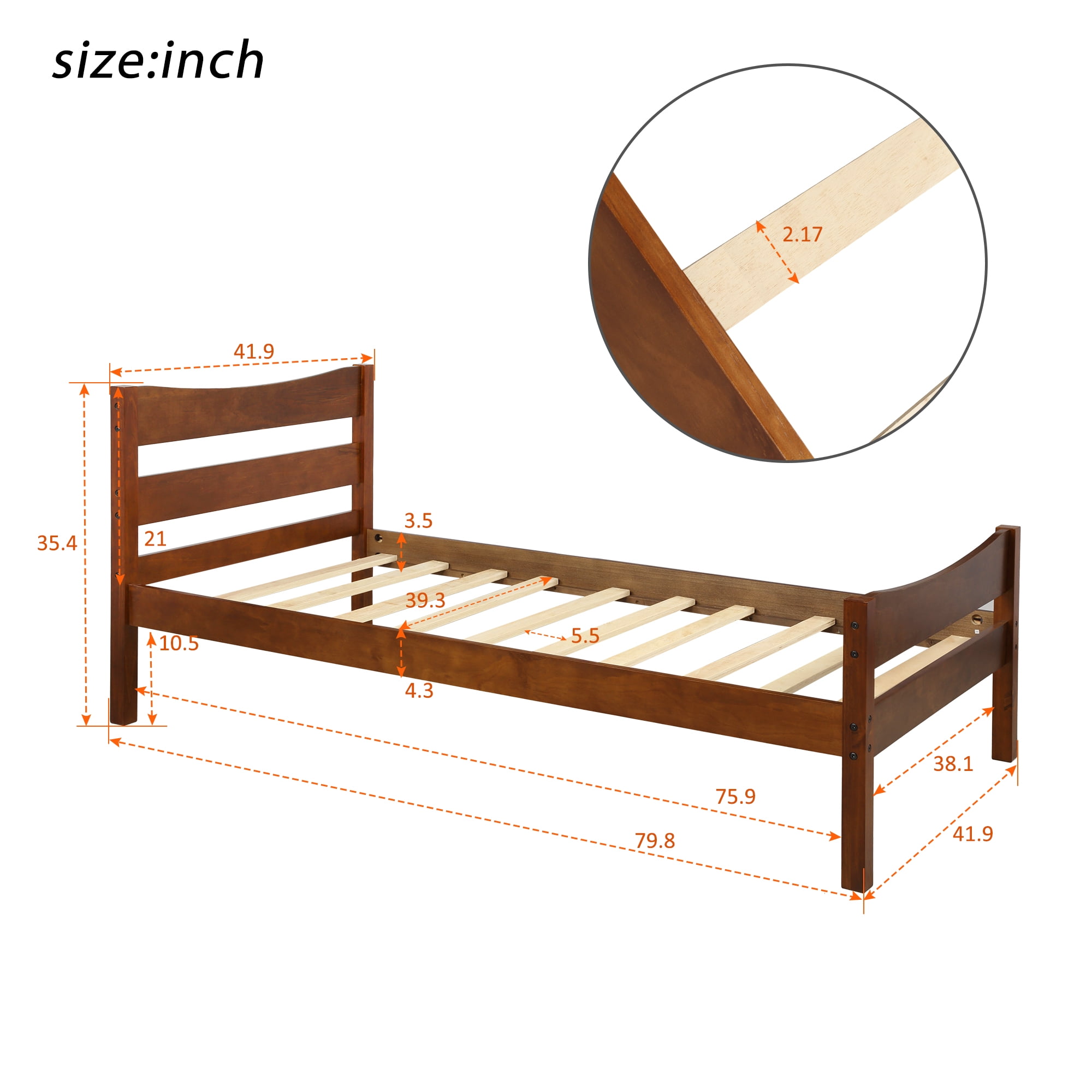 Hommoo Twin Size Wood Platform Bed with Headboard and Wooden Slat Support, Walnut