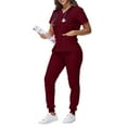 thumbnail image 2 of Womens Scrubs Set Spring Summer V-Neck Scrub Top and Jogger Pants Quick Dry Nursing Scrubs Set Stretch Medical Uniform with Multi Pocket for Nurse Esthetician Wine M, 2 of 5