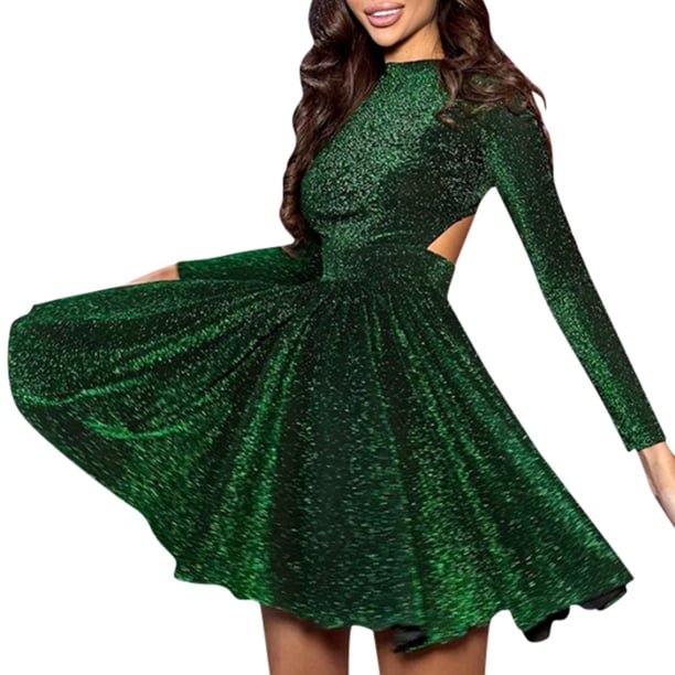 Gibobby Vestido de manga larga Vestido de fiesta Retro con temperamento de Color sólido para mujer, vestido Sexy de corte A, Otoño e Invierno(Verde,M)