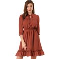 thumbnail image 1 of Vestido Corto De Gasa Con Dobladillo Con Volantes Y Manga 3/4 Allegra K Caramelo L, 1 of 6