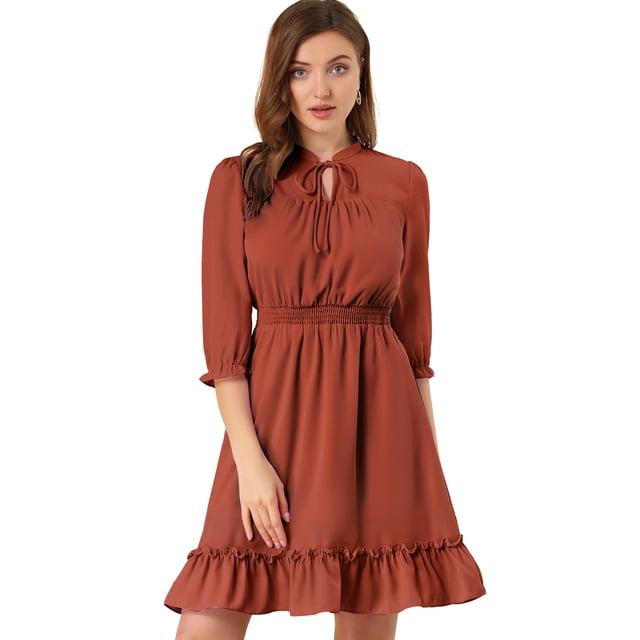 Vestido Corto De Gasa Con Dobladillo Con Volantes Y Manga 3/4 Allegra K Caramelo L