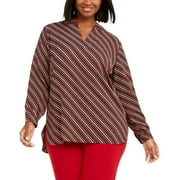 Anne Klein Women's Plus Size Striped Split-Neck Top Red/Black Size 1X