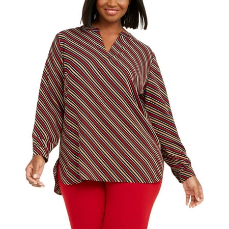 Anne Klein Women's Plus Size Striped Split-Neck Top Red/Black Size 1X