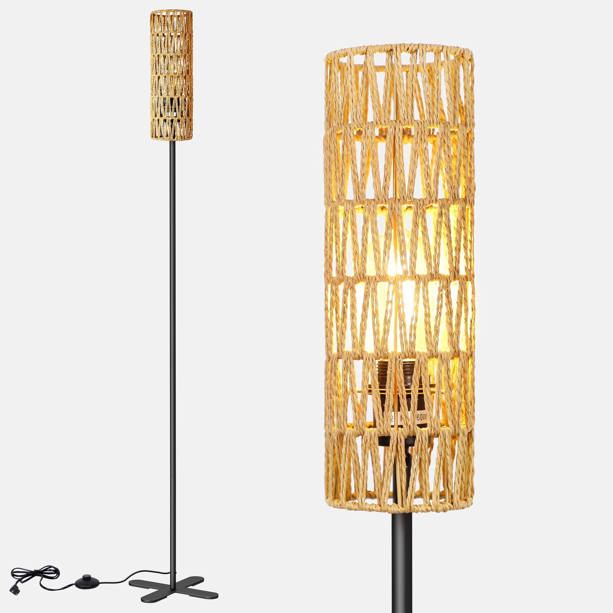 OUTON  Floor Lamps for Living Room Clearance, Dimmable, Minimalist Pole Lighting for Bedroom, Office, Kids Room, Bulb Included,  Rattan