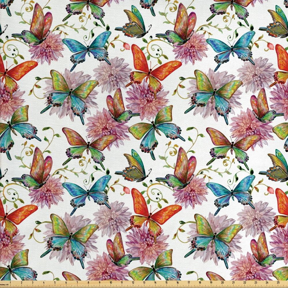 Butterfly Fabric by the Yard, Flying Butterflies with Floral Elements Vivid Color Palette