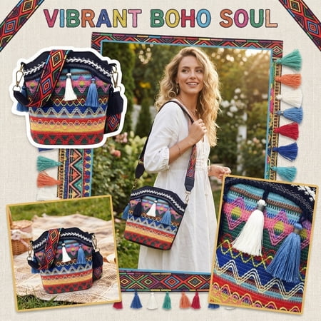 Bohemian Tassel Crossbody Bag for Women Ethnic Woven Fringe Shoulder Purse Leather Handbag for Festival Casual Beach Summer Lightweight Boho Chic Bag with Long Strap
