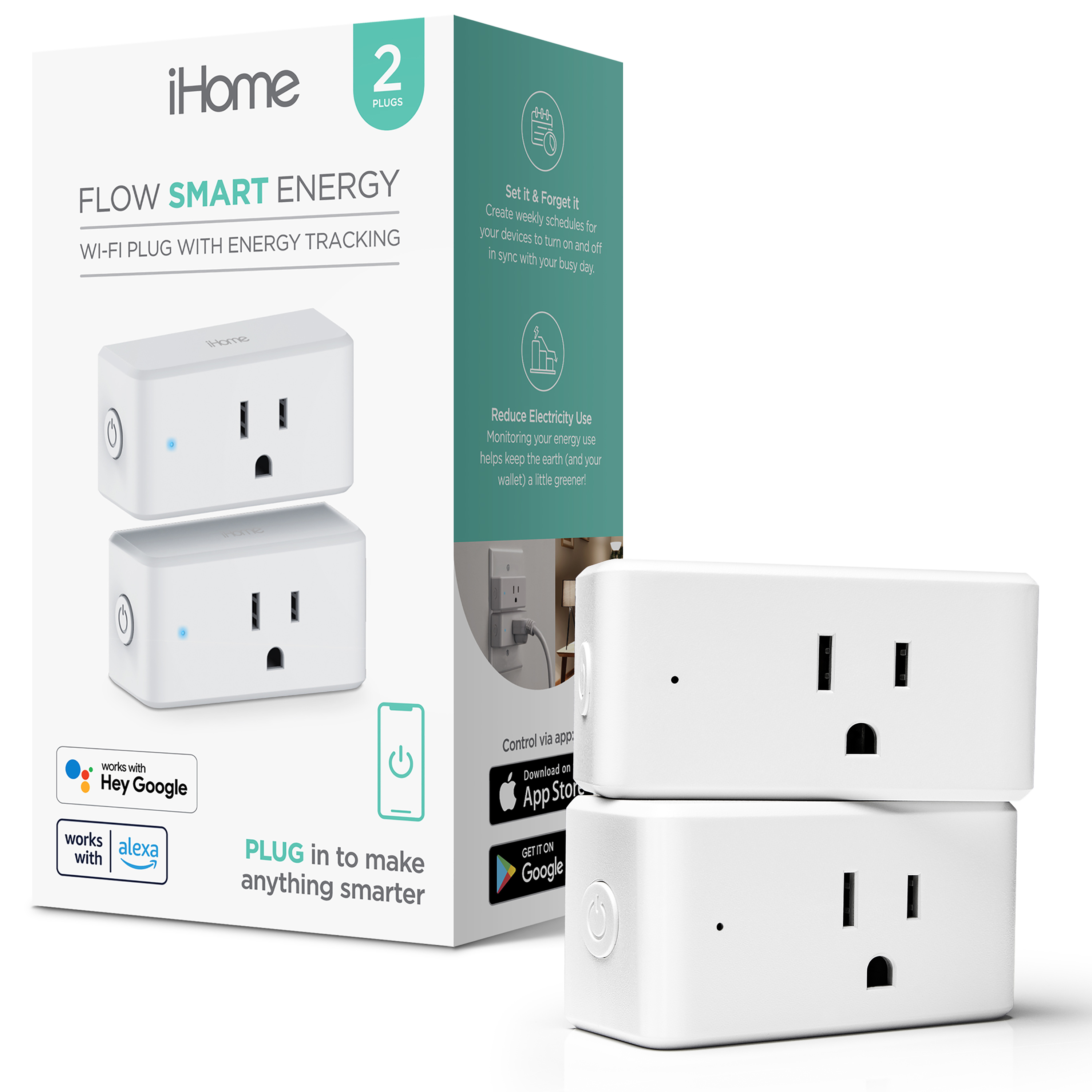 iHome Flow Smart Plug with Energy Monitoring, Wireless Outlet, 2Pack