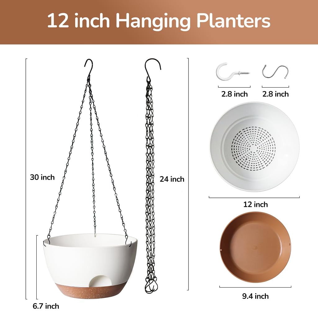 Hanging Planter, 12 Inch Self-Watering Hanging Planters for Indoor Outdoor Plants, Hanging Basket for Plants Flowers Outdoor (White)