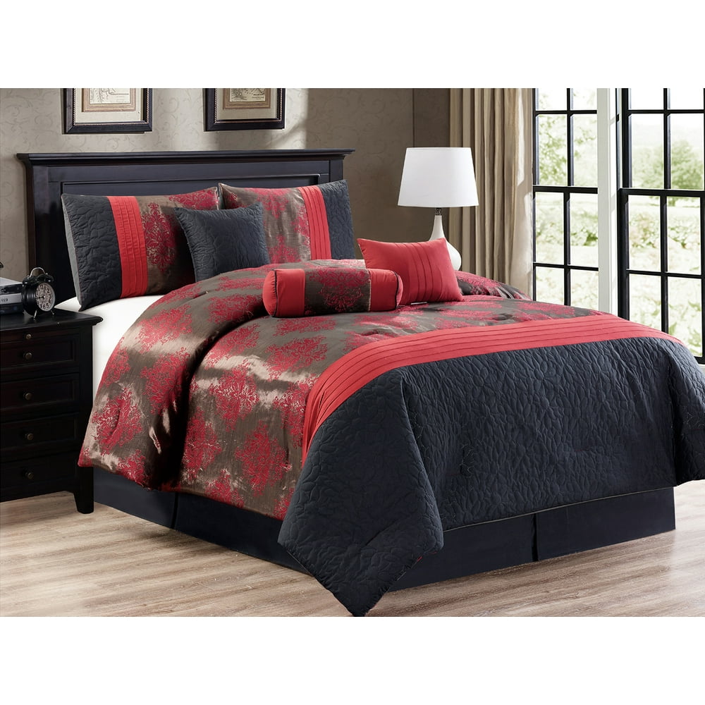 7Pc Royal Floral Damask Flocking Jacquard Embossed Pleated Comforter