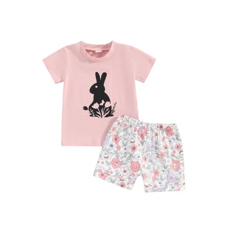 

Bslissey Toddler Baby Girls Easter Short Pants Sets 6M 12M 18M 24M 3T Short Sleeve Bunny Print T-shirt Tops + Floral Print Shorts 2Pcs Outfits Infant Cute Summer Clothes