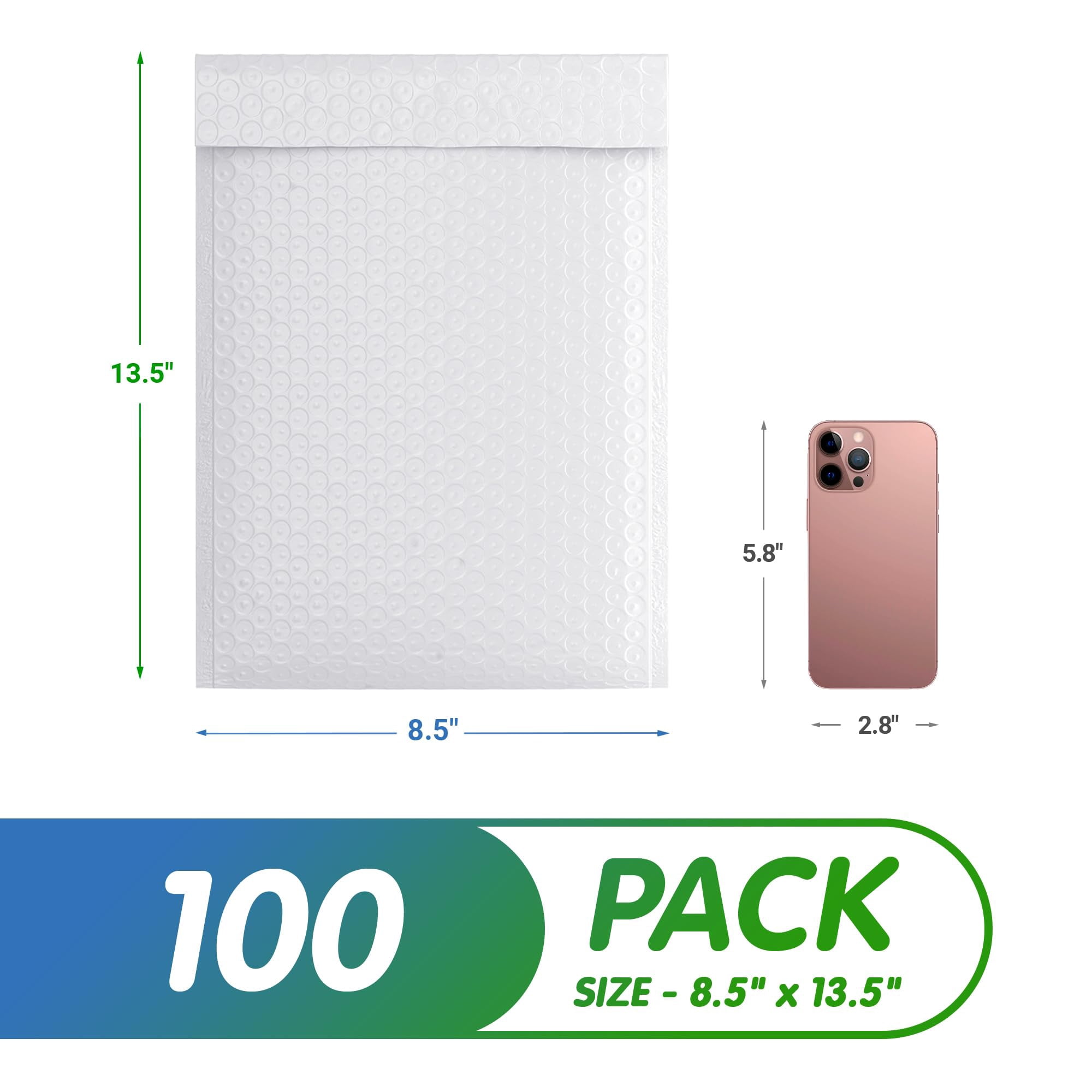 White Poly Bubble Mailers 100 pack 8.5 x 13.5 in Padded Self Seal Waterproof