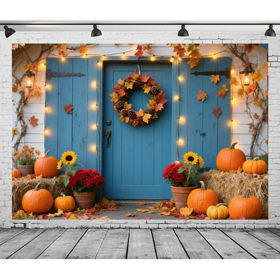 Fall Thanksgiving Backdrop Autumn Pumpkin Harvest Blue Barn Door Background Light Maple Leaves White Brick Wall for Thanksgiving Party Decorations Banner