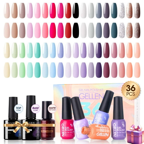 Gellen 39Pcs Gel Nail Polish Kit, 36 Colors Gel Polish Rainbow & Nudes & Grays Soak off UV Nail Gel Polish Set with Glossy Matte Top and Base Coat, DIY Salon Nail Art Valentine Gift for Women