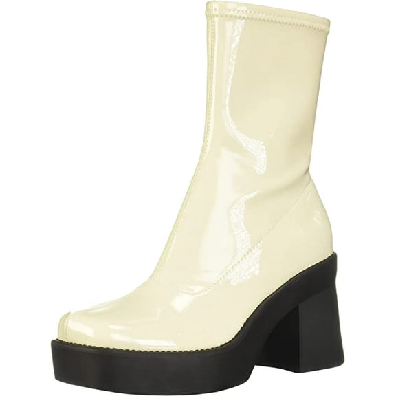 Nine West Gerri Cream Patent Chunky Block Heel Squared Toe Ankle Platform Boots (Cream Patent, 5)