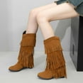 thumbnail image 4 of Lovzfmll Cowboy Boots for Women, Fringe Knee High High Heel Stacked, Mid Heel Wide Calf Round Toe Cowgirl Boots Fall Yellow Boots, 4 of 9