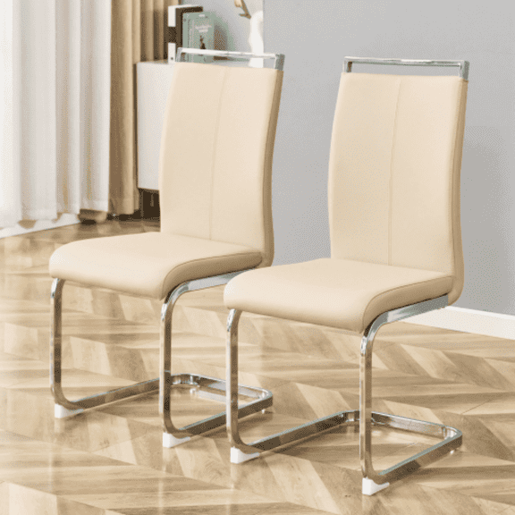 SUDICA Set of 2 Beige PU Leather Dining Chairs, Modern High Back Upholstered Side Chairs with Chrome Metal Legs for Kitchen or Dining Room