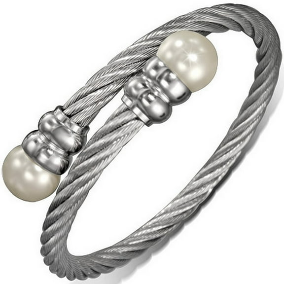 Stainless Steel White Simulated Pearls Twisted Cable Womens Open End Bangle Bracelet