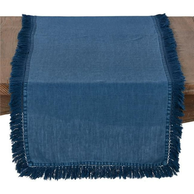 1688.NB1672B Chemin de Table Rectangulaire en Lin Délavé à Franges - Bleu Marine