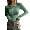 thumbnail image 3 of BiZtdJrK Women's Cropped Tops Ribbed Knit Button Crew Neck Long Sleeve Henley Shirts Slim Y2k Street T Shirt Green M, 3 of 8