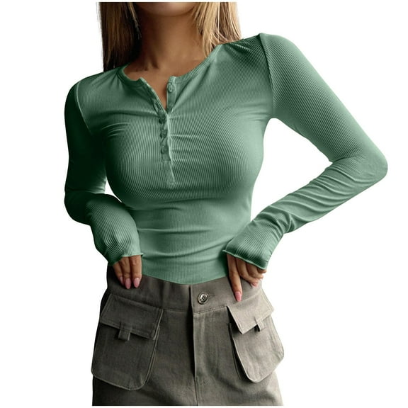 Women Henley Shirt Tops Casual Long Sleeve Button Up Blouses Fall Slim Fitted Ribbed Knit Tee Shirts