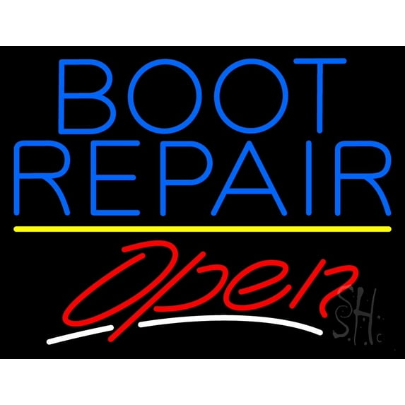 Blue Boot Repair Open With Line LED Neon Sign 15 x 19 - inches, Black Square Cut Acrylic Backing, with Dimmer - Bright and Premium built indoor LED Neon Sign for store interior Décor, Storefront.