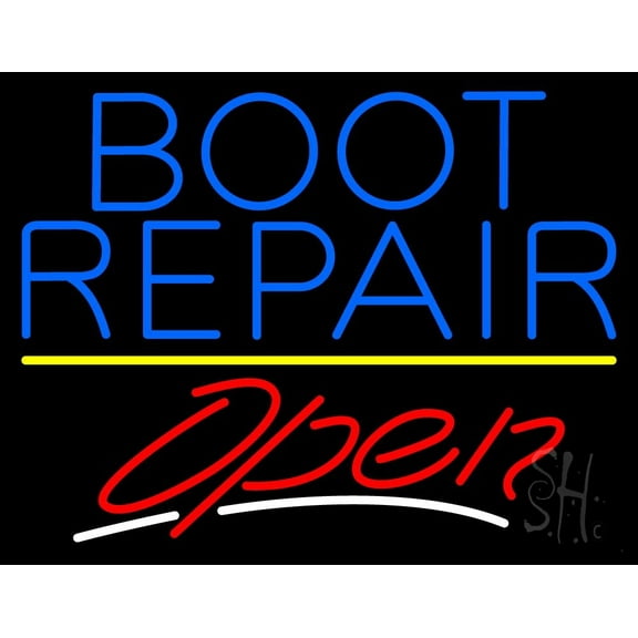 Blue Boot Repair Open With Line LED Neon Sign 15 x 19 - inches, Black Square Cut Acrylic Backing, with Dimmer - Bright and Premium built indoor LED Neon Sign for store interior Décor, Storefront.