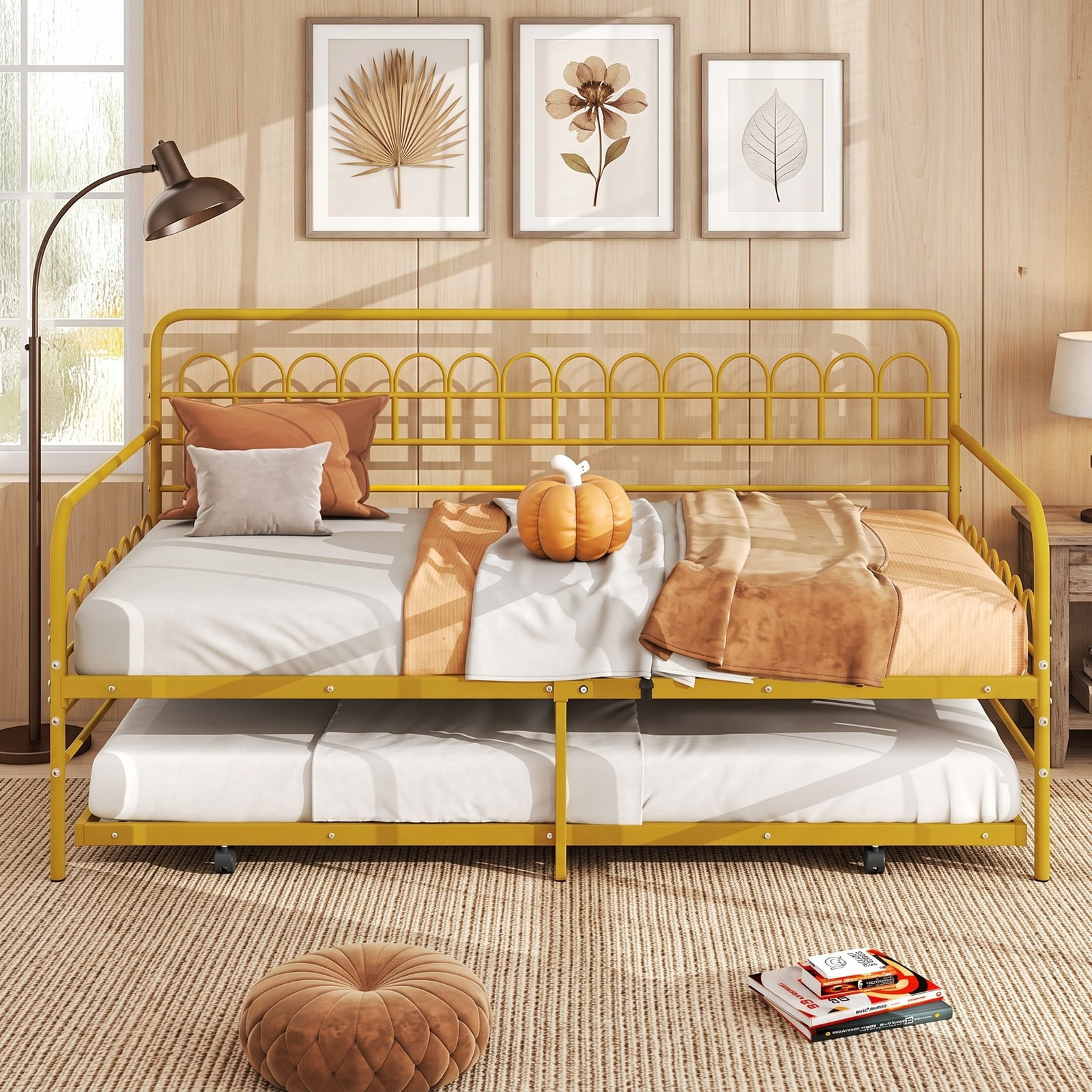 Furnibear Twin Metal Daybed with Pull-Out Trundle and Arched Rail Detailing on Lockable Casters for Bedroom and Guest Room, Gold