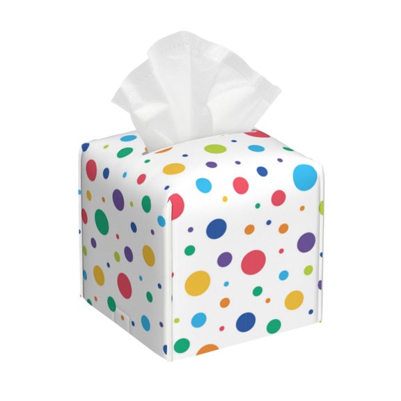 Leather Tissue Box Cover Square - colorful dot print Waterproof Tissue Box Holder Paper Case Organizer Dispenser for Modern Home Office Room Home Bathroom Decor