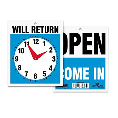 Double-Sided Open/Will Return Sign with Clock Hands, Plastic, 7.5 x 9 Double-Sided Open/Will Return Sign with Clock Hands, Plastic, 7.5 x 9