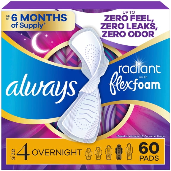 Always Radiant with FlexFoam Pads, Size 4, Overnight, Wings, Scented, 60 Count