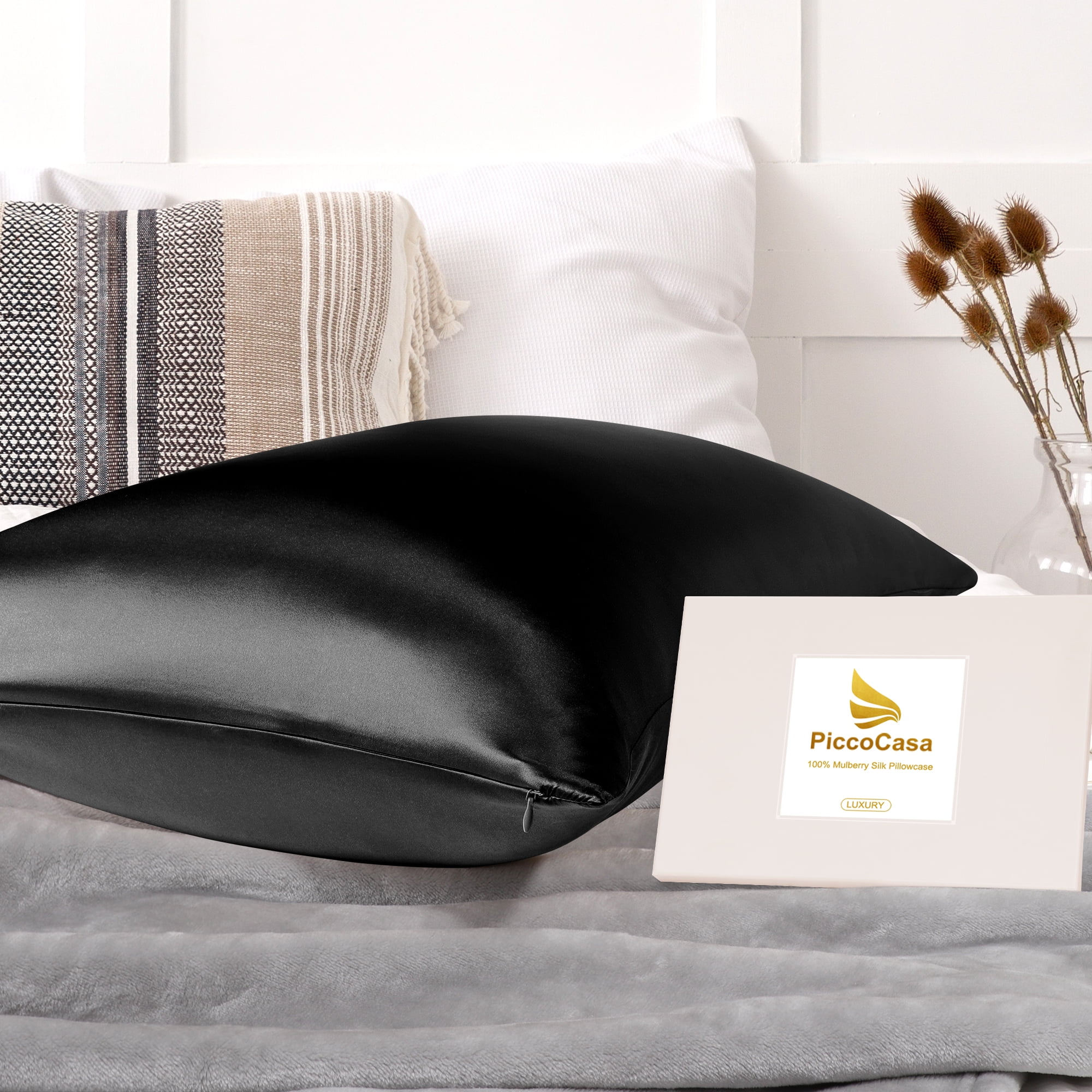 PiccoCasa 1 Pack 19mm Silk Pillowcase for Hair and Skin with Zipper Standard Black